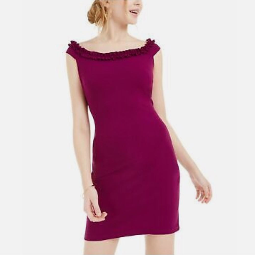 # BLUSH COLOR Bebe Scuba Crepe Ruffle Neck Mini Dress- New With Tag- Reemoly